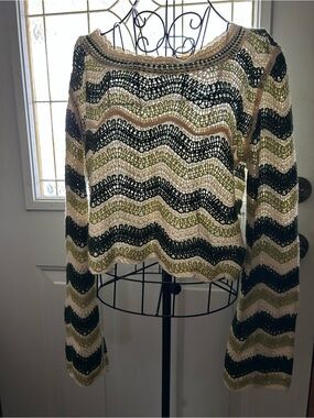 Rebellion Crochet Wave Stripe Sweater - Cream, Green & Black Large
